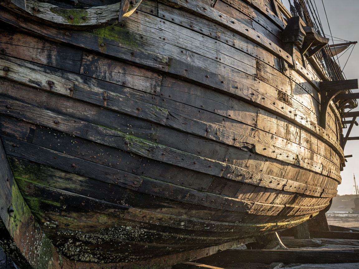 Aged wooden timbers representing a 16th-century carrack