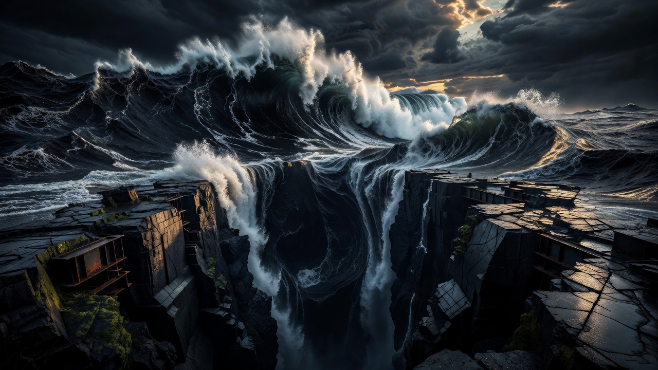 Artistic depiction of ocean waves over a deep structural abyss