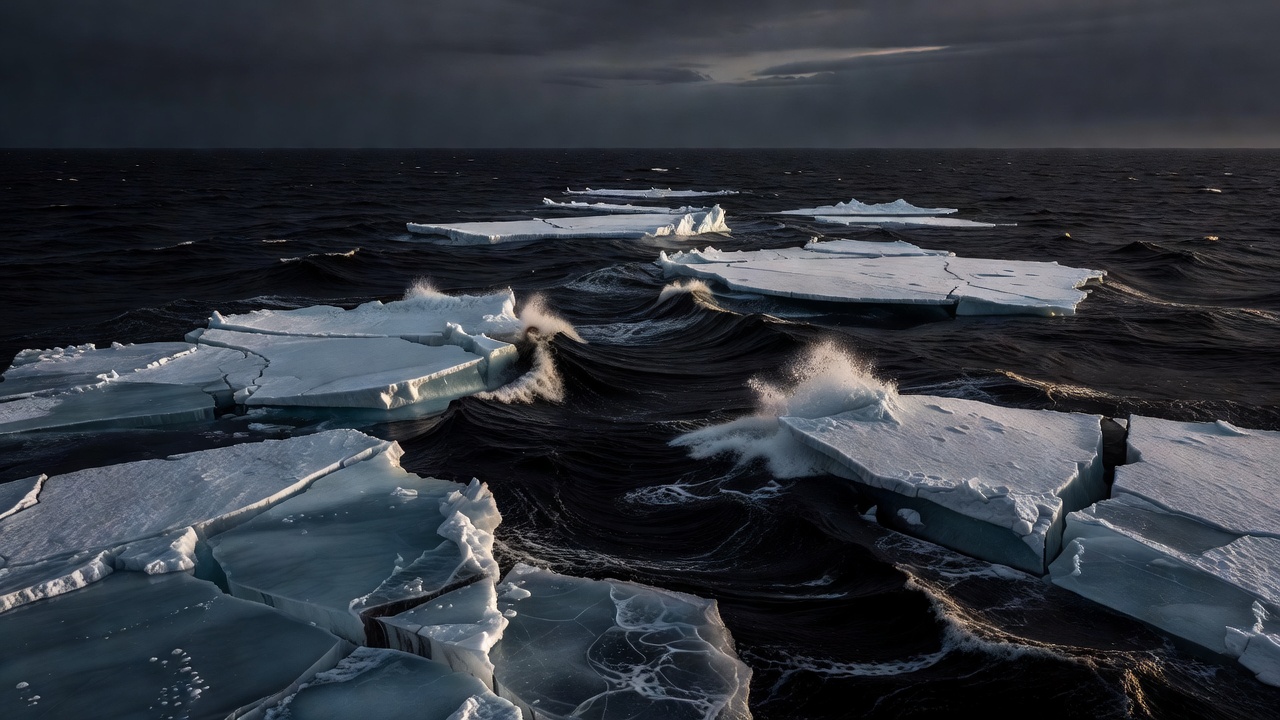 Cracked ice flows floating in a dark ocean
