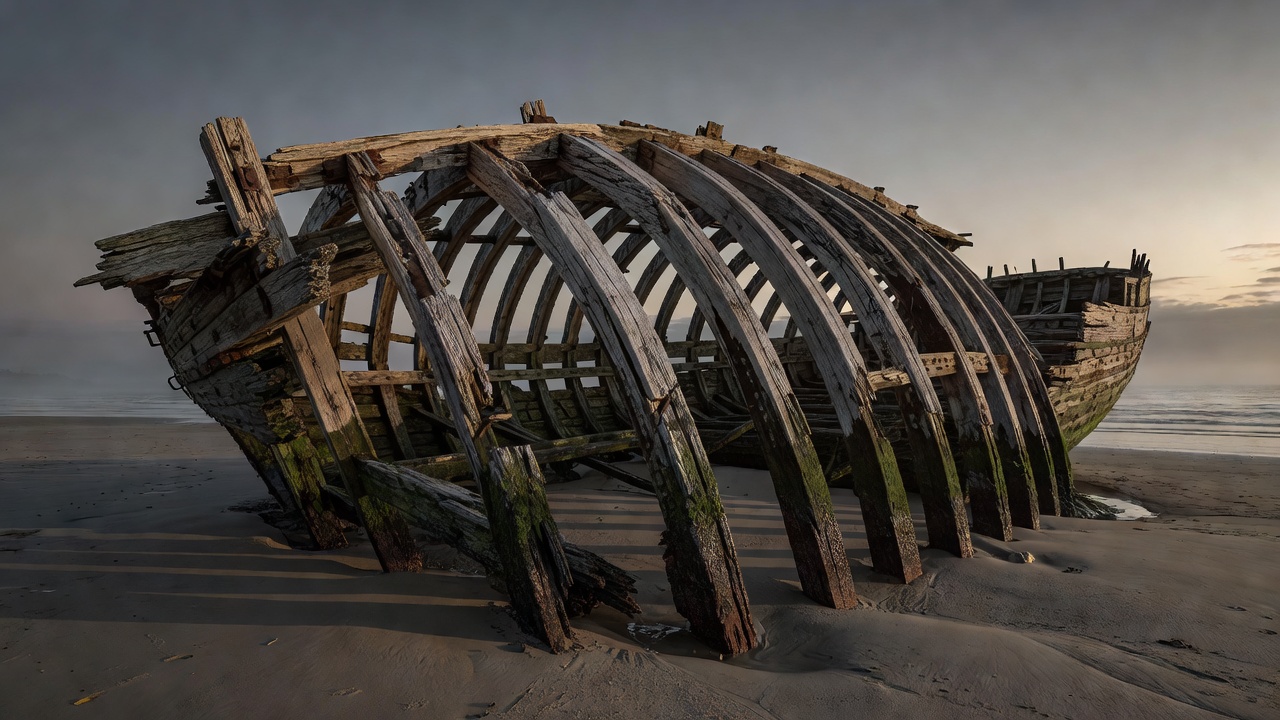 Exposed wooden ribs of an ancient ship structure
