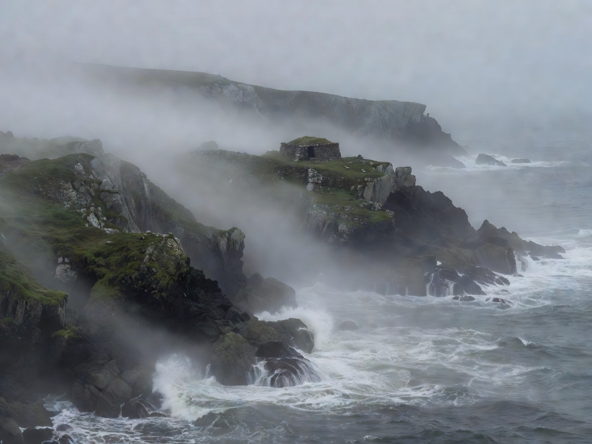 Foggy coastline representing the Irish coast near Kinsale