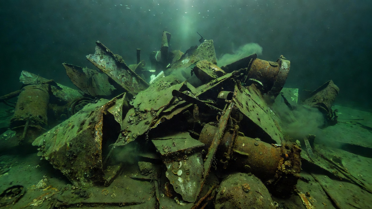 Submerged metal debris in murky green waters