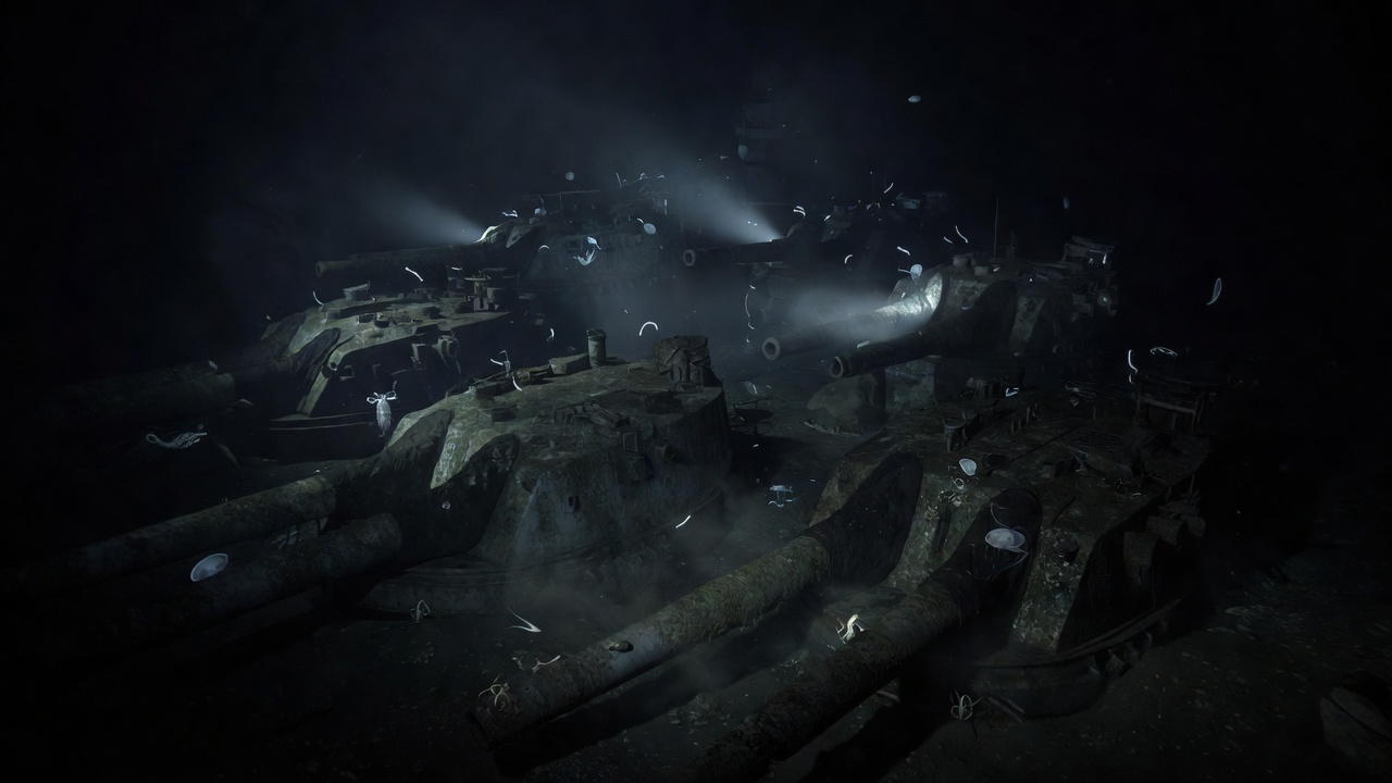 Submerged naval guns visible in extreme deep sea conditions