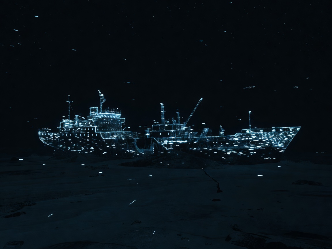 Underwater sonar view representing a massive ship structure in the deep ocean